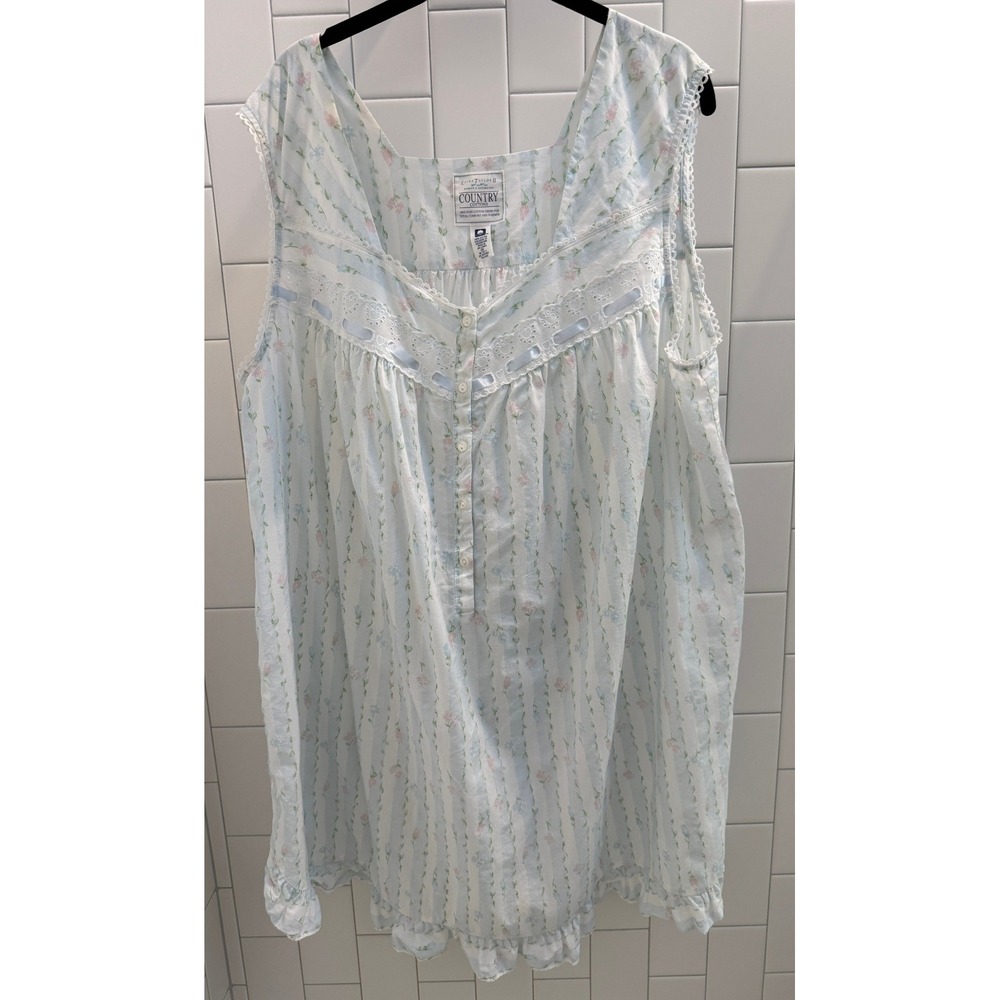 Erika Taylor II Country Cottons Floral Eyelet Lace Nightgown Blue White 2X